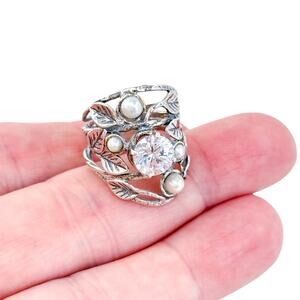Vintage Israel Sterling Silver 925 Pearl Cubic Zirconia Leaf Band Ring Size 7.5